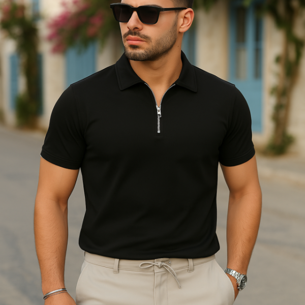 Erkek Kısa Kollu Yakalı önden Fermuarlı Viskon Iki Iplik Bluz