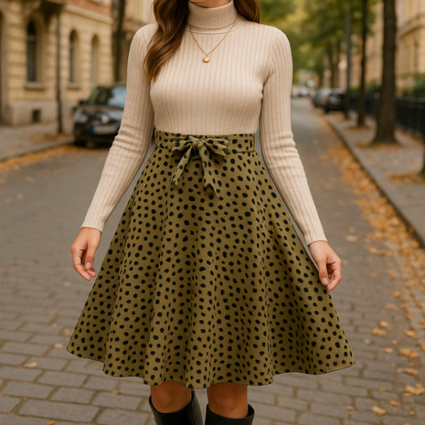 Kadın Uzun Kollu Balıkçı Yaka Belden Bağlamalı üst Kaşkorse Eteği Dalgıç Elbise