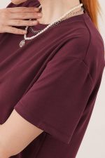 Yırtmaç Detaylı Kısa Kollu Salaş Maxi Bordo Elbise - Görsel 2