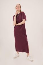 Yırtmaç Detaylı Kısa Kollu Salaş Maxi Bordo Elbise - Görsel 3