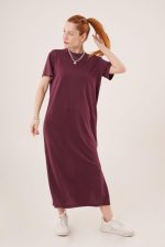 Yırtmaç Detaylı Kısa Kollu Salaş Maxi Bordo Elbise - Görsel 4