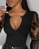 Kadın Kruvaze Yaka Derin Dekolteli Kolları Tül Detay Fırsat ürün Bluz - Görsel 2