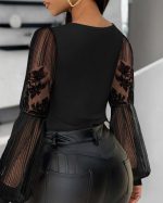 Kadın Kruvaze Yaka Derin Dekolteli Kolları Tül Detay Fırsat ürün Bluz - Görsel 3