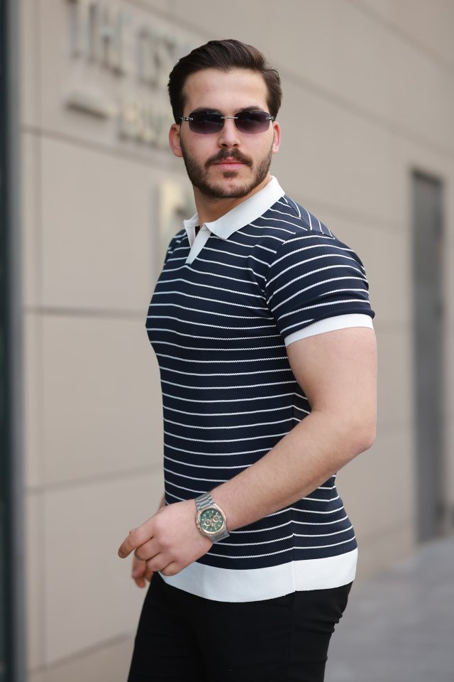 33ece192e9ee26d1d12d5cdb6bda57a8_76120-0.jpg Erkek Kısa Kollu çizgi Desenli örme Kumaş Tshirt - Görsel 1