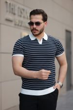 Erkek Kısa Kollu çizgi Desenli örme Kumaş Tshirt - Görsel 2