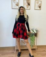 Kadın Uzun Kollu Bisiklet Yaka üst Viskon Alt Ekose Kısa Elbise - Görsel 2