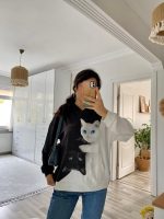 Kadın Uzun Kollu Kapşonlu Bağcıklı Kedi Desenli şardonlu Dalgıç Bluz - Görsel 2