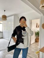 Kadın Uzun Kollu Kapşonlu Bağcıklı Kedi Desenli şardonlu Dalgıç Bluz - Görsel 12