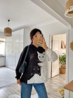Kadın Uzun Kollu Kapşonlu Bağcıklı Kedi Desenli şardonlu Dalgıç Bluz - Görsel 3