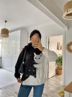 Kadın Uzun Kollu Kapşonlu Bağcıklı Kedi Desenli şardonlu Dalgıç Bluz - Görsel 7