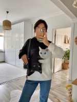 Kadın Uzun Kollu Kapşonlu Bağcıklı Kedi Desenli şardonlu Dalgıç Bluz - Görsel 8