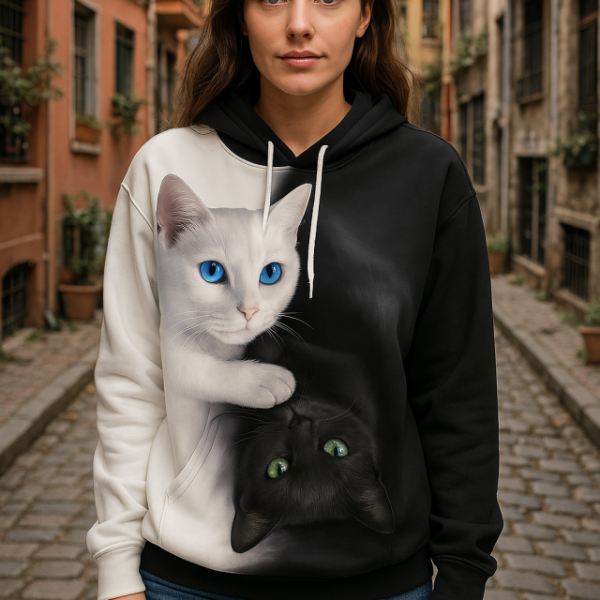 Kadın Uzun Kollu Kapşonlu Bağcıklı Kedi Desenli şardonlu Dalgıç Bluz