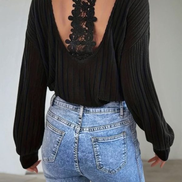 Kadın Uzun Kollu V Yakalı Pencere Sırt Dantel Detaylı Kalın Fitilli Kaşkorse Bluz