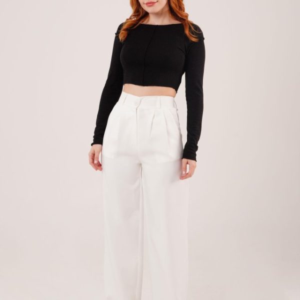 Bol Paça Piliseli Beyaz Pantolon