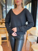 Kadın Uzun Kollu V Yakalı Pencere Sırt Dantel Detaylı Kalın Fitilli Kaşkorse Bluz - Görsel 3