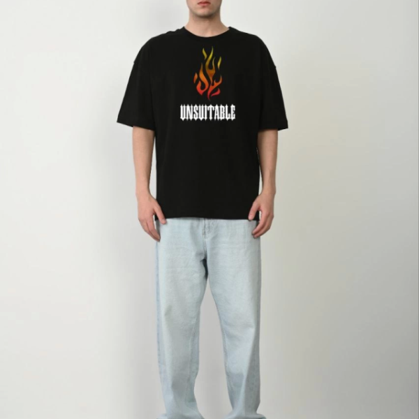 Unisex Bisiklet Yaka Baskılı Oversize T-Shirt