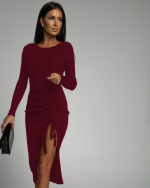 Kadın Uzun Kollu Bisiklet Yaka Yırtmaç Detay Büzgülü Kaşkorse Elbise - Görsel 2