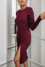 Kadın Uzun Kollu Bisiklet Yaka Yırtmaç Detay Büzgülü Kaşkorse Elbise - Görsel 5