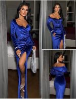 Kadın Kadife Kumaş Kalp Yaka Yırtmaç Detaylı Maxi Boy Elbise - Görsel 7
