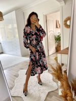 Kadın Uzun Kollu Kruvaze Yaka Beli Lastikli Yandan Yırtmaçlı Desenli Dalgıç Elbise - Görsel 15