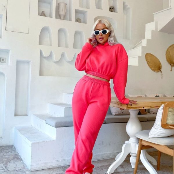 Kadın Uzun Kollu Kapüşonlu Beli Lastik Detay Sweat Ve Yüksek Bel Bileği Lastikli Pantolon üç üplik Kumaş Ikili Takım