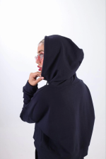 Iki Iplik Kapüşonlu Fermuarlı Crop Oversize Hırka Takım- Lacivert - Görsel 3