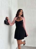 Göğsü Bağlamalı  Kalp Yaka Kolları Şifon Mini Elbise