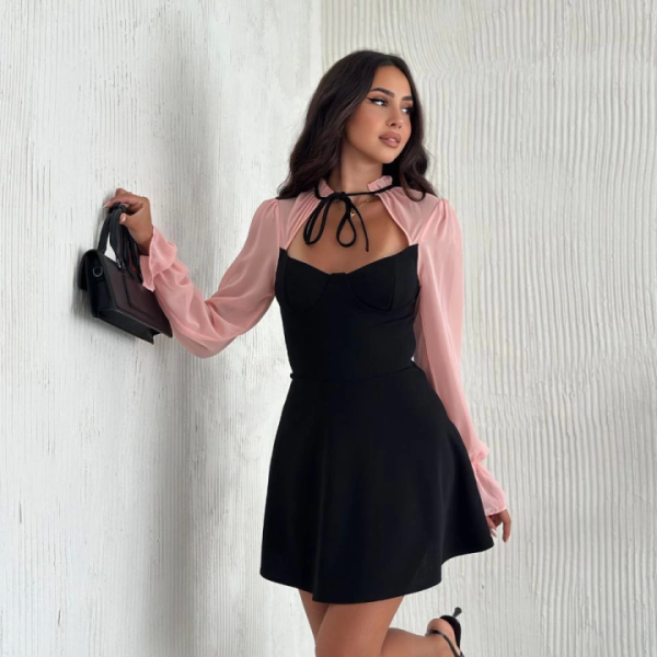 Göğsü Bağlamalı  Kalp Yaka Kolları Şifon Mini Elbise