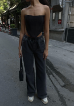 Arkadan Yırtmaçlı Jeans Kot Palazzo Pantolon