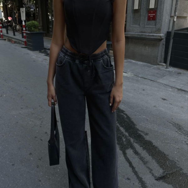 Arkadan Yırtmaçlı Jeans Kot Palazzo Pantolon