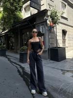 Arkadan Yırtmaçlı Jeans Kot Palazzo Pantolon - Görsel 4