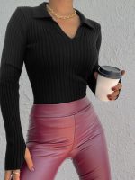 Kadın Siyah Polo Yaka Parmak Detay Triko Bluz 2047 - Görsel 2