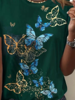 Kadın Kısa Kollu Mavi Sarı Kelebek Baskı Süprem T-shirt - Görsel 3