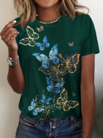 Kadın Kısa Kollu Mavi Sarı Kelebek Baskı Süprem T-shirt - Görsel 4