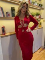 Kadın Uzun Kollu Göğüs Ve Göbek Dekolte Detay Sandy Midi Boy Elbise - Görsel 3