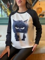 Kadın Uzun Kollu Bisiklet Yaka Kedi Baskılı şardonlu Dalgıç Bluz - Görsel 3