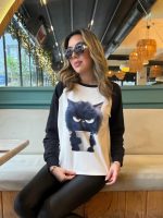 Kadın Uzun Kollu Bisiklet Yaka Kedi Baskılı şardonlu Dalgıç Bluz - Görsel 4