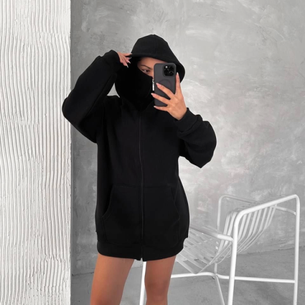 Samuray ZIP Fermuarlı Kapüşonlu SweatShirt- Siyah