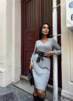 Kadın Uzun Kollu V Yaka Uzun Kol şardonlu Kaşkorse Midi Elbise - Görsel 4