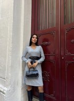 Kadın Uzun Kollu V Yaka Uzun Kol şardonlu Kaşkorse Midi Elbise - Görsel 5