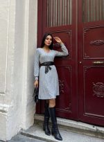 Kadın Uzun Kollu V Yaka Uzun Kol şardonlu Kaşkorse Midi Elbise - Görsel 6