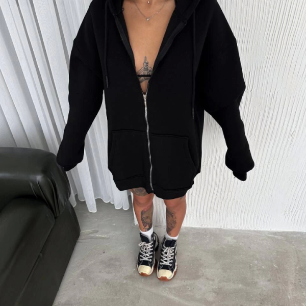 Oversize Tam Fermuarlı Uzun Kol Hırka