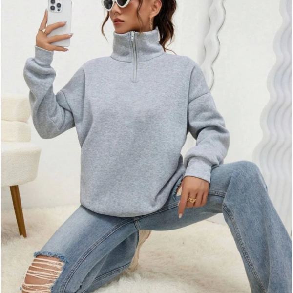 Unisex Uzun Kol Yarım Farmuarlı Yakalı Basic SweatShirt