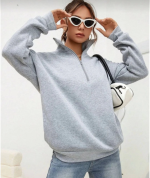 Unisex Uzun Kol Yarım Farmuarlı Yakalı Basic SweatShirt - Görsel 2