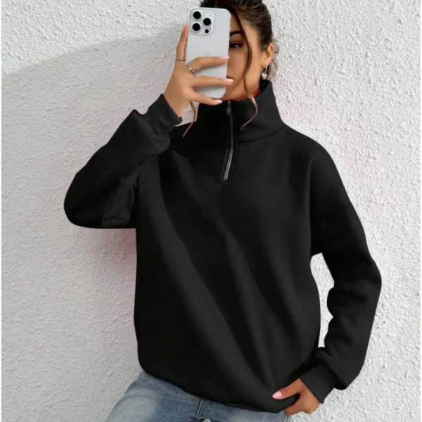 Unisex Uzun Kol Yarım Farmuarlı Yakalı Basic SweatShirt