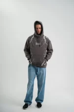 Double Oversize Kapşonlu Şimşek Pano Baskılı SweatShirt - Görsel 3