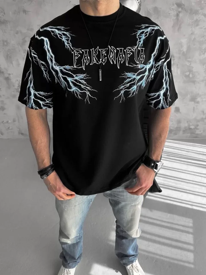 33ece192e9ee26d1d12d5cdb6bda57a8_82282-0.jpg Unisex Bisiklet Yaka Baskılı Oversize T-Shirt - Görsel 1