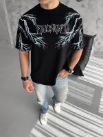 Unisex Bisiklet Yaka Baskılı Oversize T-Shirt - Görsel 2
