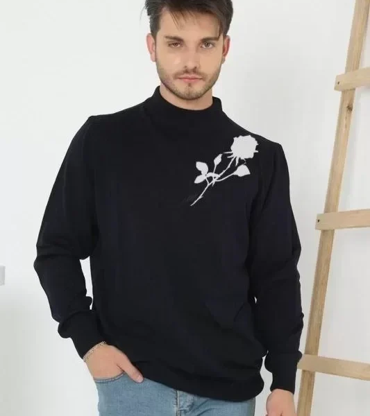 Baskılı Yarım Boğazlı Uzun Kol Dokuma Triko