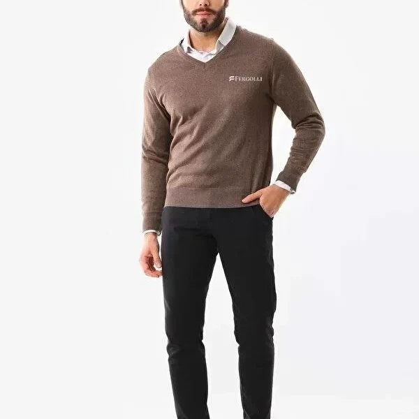 Baskılı V Yaka Uzun Kol Dokuma Triko